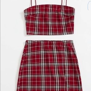 Plaid cami top and split skirt set